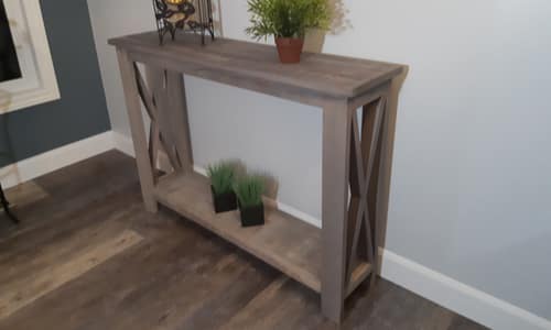 Rustic Hallway Table completed and in showroom using weathered wood accelerator