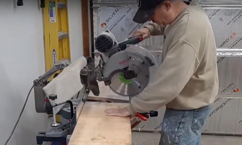 Rustic Hallway Table cutting with a miter compound saw