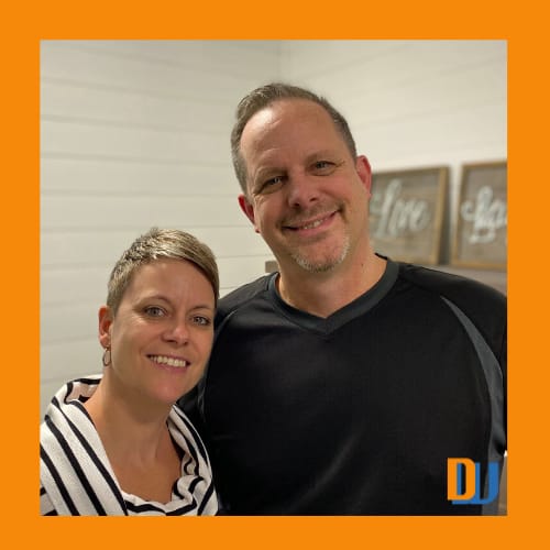 Paul and Brenda at DustyWorkbench orange border -Nov 2019