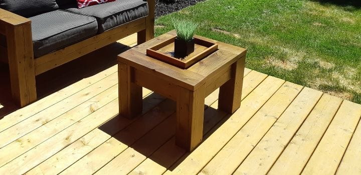 Outdoor coffee table made from reclaimed wood with tray and ice bucket